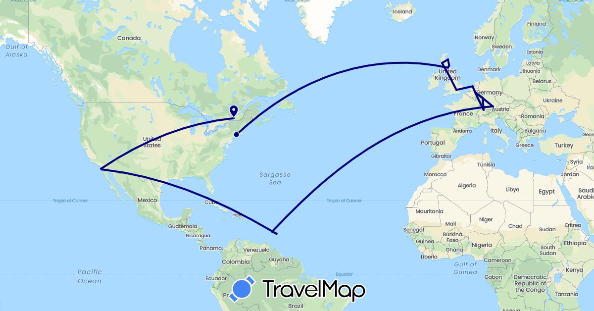 TravelMap itinerary: driving in Barbados, Belgium, Canada, Switzerland, Germany, United Kingdom, Saint Lucia, Mexico, Netherlands, United States (Europe, North America)